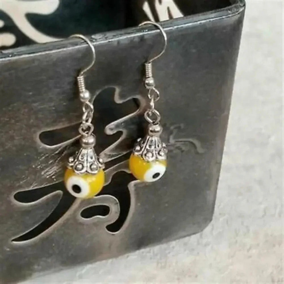 Evil Eye Yellow Lampwork Glass Beads Protective Talisman Drop Earrings - Picture 4 of 5